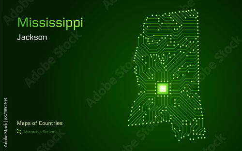 Mississippi Map with a capital of Jackson Shown in a Microchip Pattern.  E-government. United States vector maps. Microchip Series	
