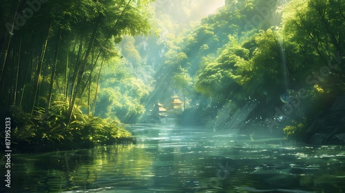 Beautiful river in a lush green forest with sunlight shining through the trees. The water is calm and clear, In the background there is an ancient village surrounded by bamboo forests.
