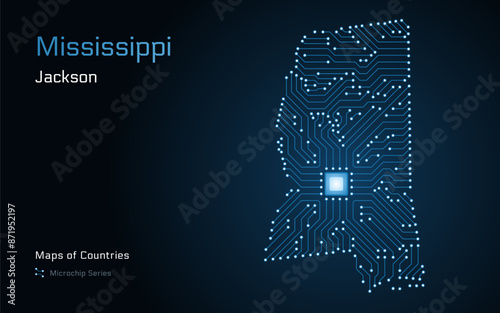 Mississippi Map with a capital of Jackson Shown in a Microchip Pattern.  E-government. United States vector maps. Microchip Series	

