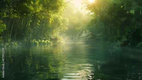 Beautiful river in a lush green forest with sunlight shining through the trees. The water is calm and clear, In the background there is an ancient village surrounded by bamboo forests.