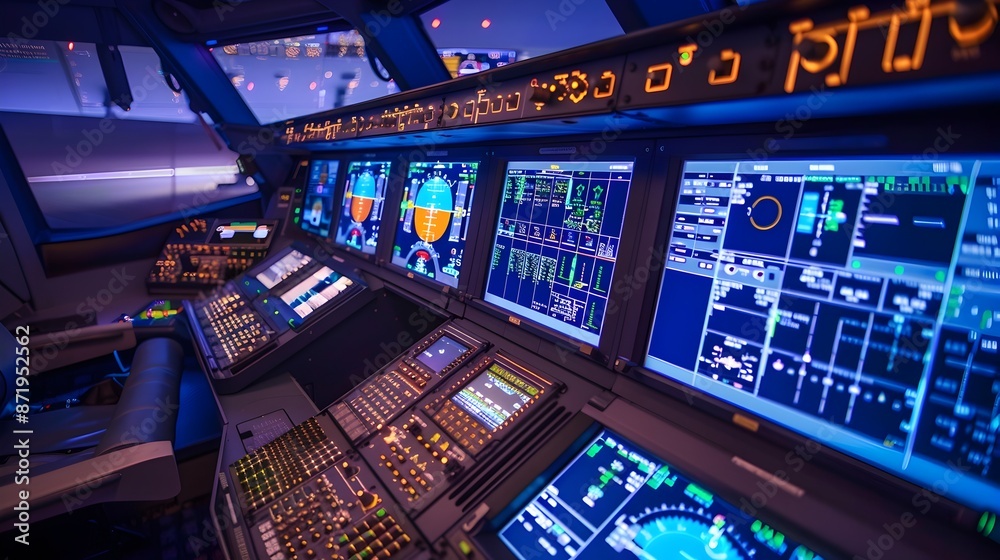 Obraz premium Digital Control Room Monitoring Aircraft Systems for Aerospace Engineering and Remote Diagnostics