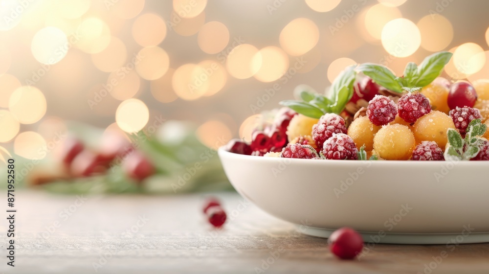 Festive holiday fruit salad with berries and melons on a white plate, presented with a bokeh background for a cheerful and vibrant atmosphere. Festive holiday fruit salad with berries and melons on a white plate, presented with a bokeh background for a cheerful and vibrant atmosphere.