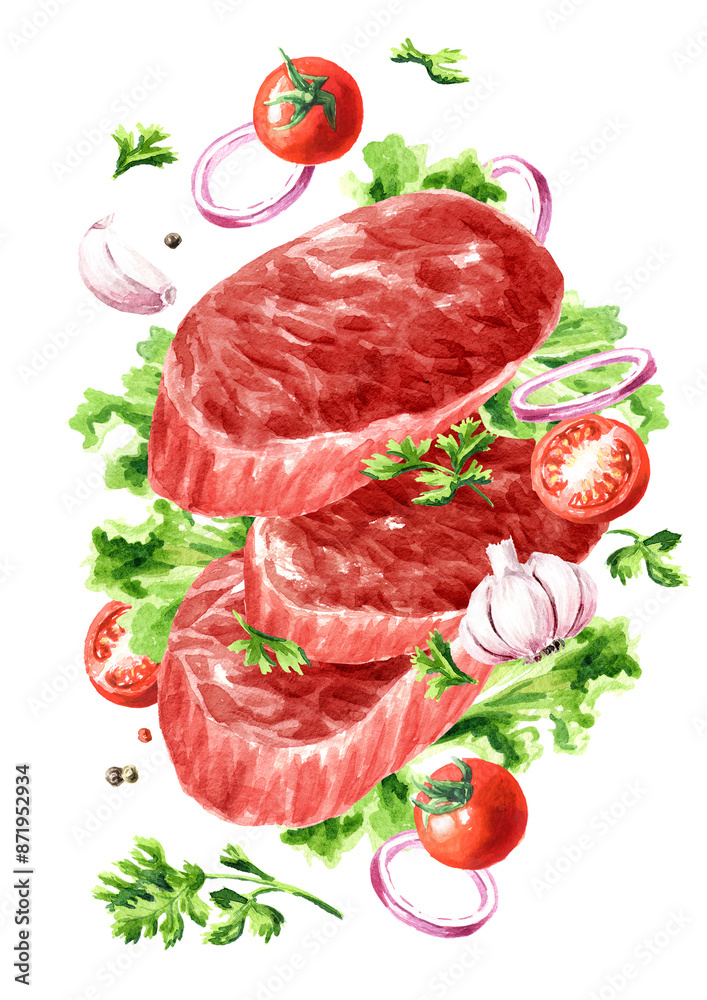 Fresh raw organic farm beef steak with vegetables and herbs. Cooking food concept. Hand drawn watercolor illustration isolated on white background