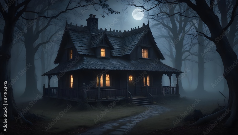 Fototapeta premium Dark cottage in spooky woods in the dense forest