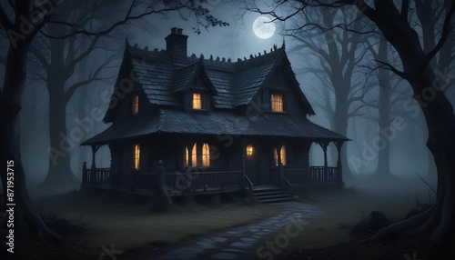 Dark cottage in spooky woods in the dense forest © Hdesigns