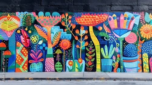 Colorful abstract floral mural on a brick wall.