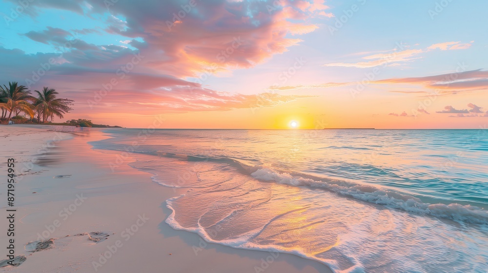 A beautiful beach sunset with vibrant colors, gentle waves, and palm trees in the distance. The serene view creates a peaceful atmosphere. A beautiful beach sunset with vibrant colors, gentle waves, and palm trees in the distance. The serene view creates a peaceful atmosphere.