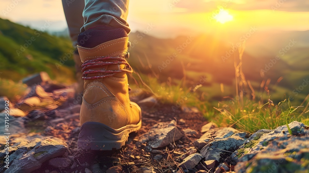 Hiking boots walking on rugged trail, close-up of foot and shoe in natural landscape at sunset. symbolizing exploration, freedom, fitness and nature trails, or summer travel in mountainous areas. Hiking boots walking on rugged trail, close-up of foot and shoe in natural landscape at sunset. symbolizing exploration, freedom, fitness and nature trails, or summer travel in mountainous areas.