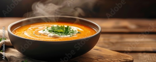 A steaming bowl of creamy tomato soup garnished with fresh herbs and sour cream, served on a rustic wooden table.