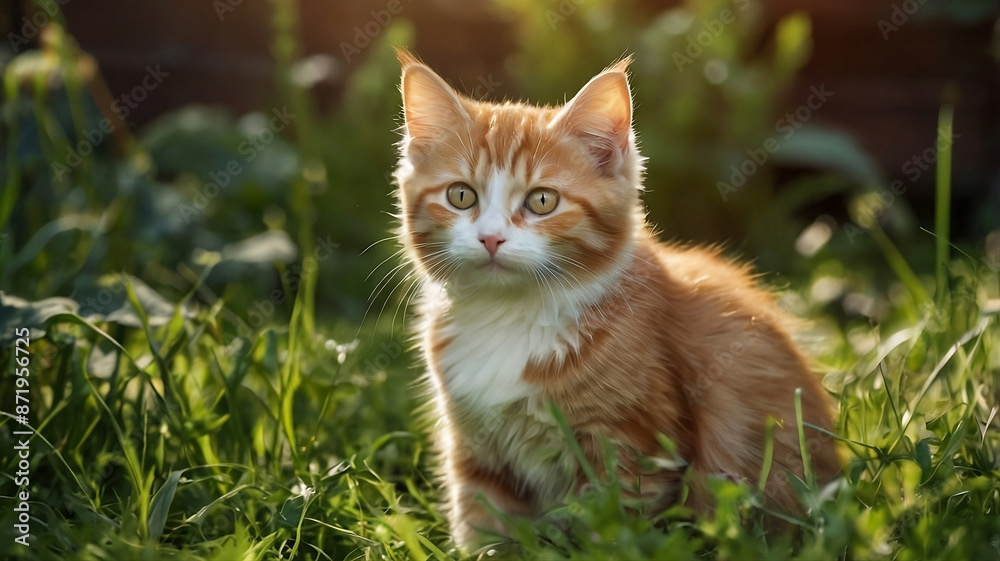 Portrait cute kitten in grass outdoors garden. Cat with kind green, orange eyes, Little young kitten.1 Portrait cute kitten in grass outdoors garden. Cat with kind green, orange eyes, Little young kitten.1