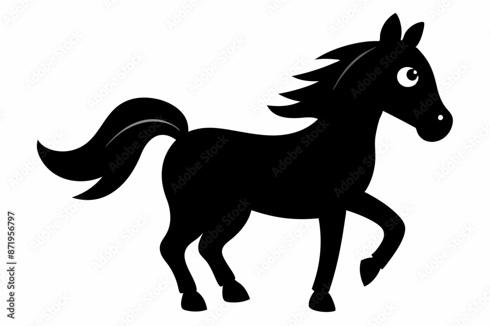 Obraz premium black and white horse silhouette, horse vector illustration, horse silhouette, animal silhouette isolated vector Illustration, png, Funny cute horse, Jumping cartoon horses