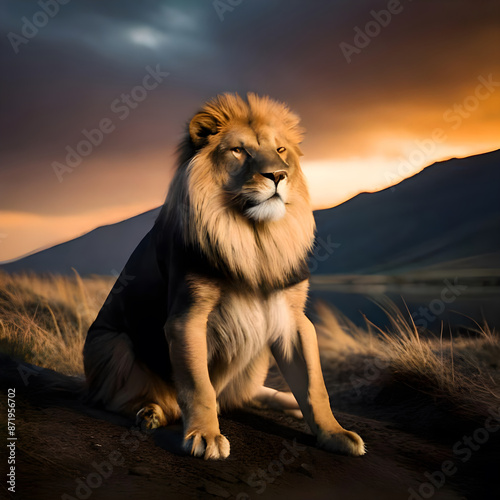 lion in the sunset