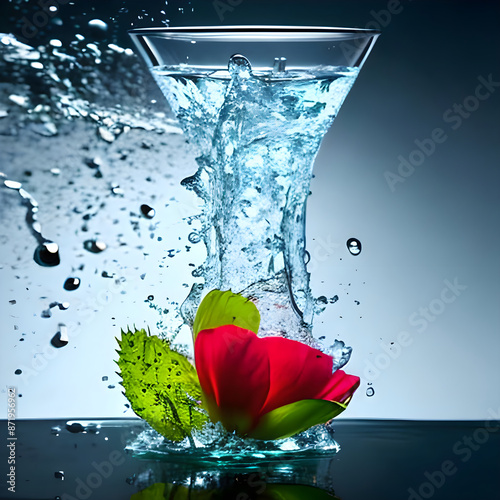 red rose with a jug of water splashing
