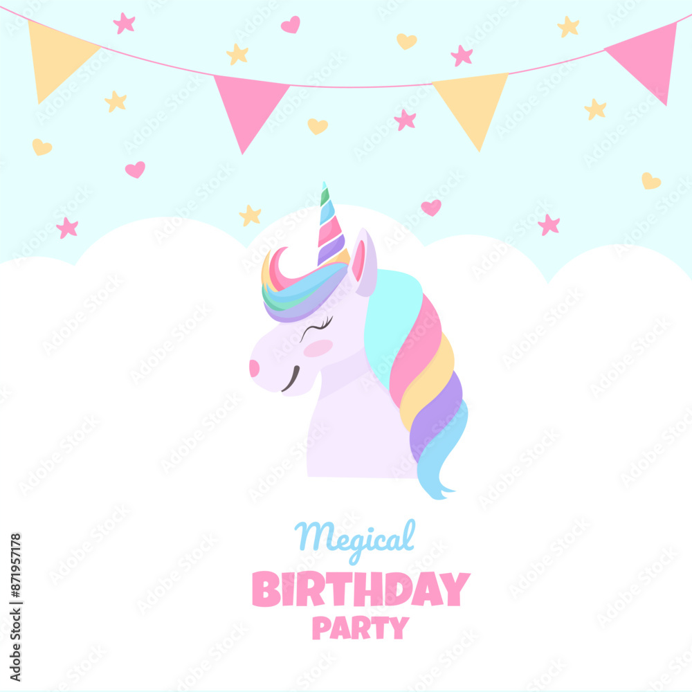 Birthday party invitation with beautiful unicorn . Template vector illustration on blue background. vector background with a rainbow unicorn in cloudy sky for banners, cards, flyers, social media wall Birthday party invitation with beautiful unicorn . Template vector illustration on blue background. vector background with a rainbow unicorn in cloudy sky for banners, cards, flyers, social media wall
