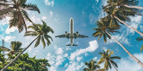 A photo of an plane flying over palm trees taken from the ground looking up, with blue sky and white clouds in the background. Travel and tourism concept.