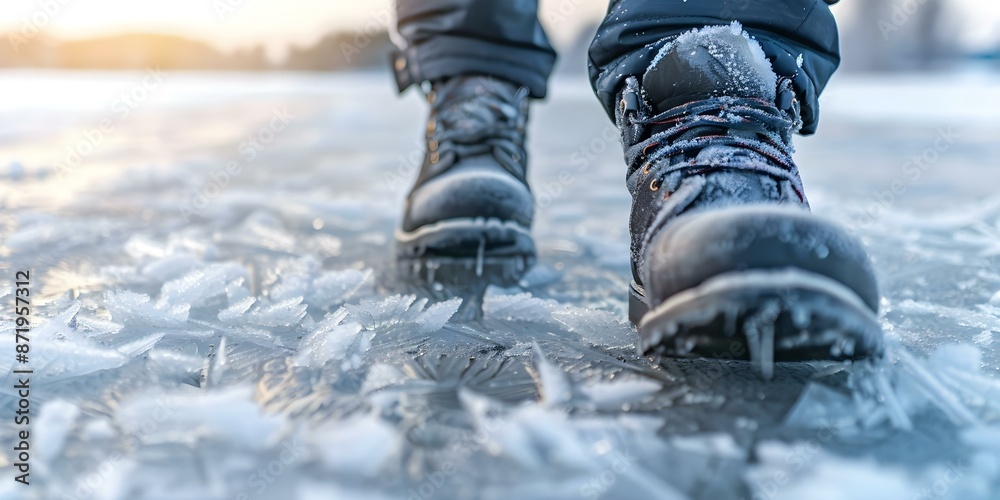 Slipping on an Icy Pathway Hazards of Winter Conditions. Concept Winter Safety, Icy Conditions, Pathway Hazards, Winter Accidents, Slip and Fall Slipping on an Icy Pathway Hazards of Winter Conditions. Concept Winter Safety, Icy Conditions, Pathway Hazards, Winter Accidents, Slip and Fall
