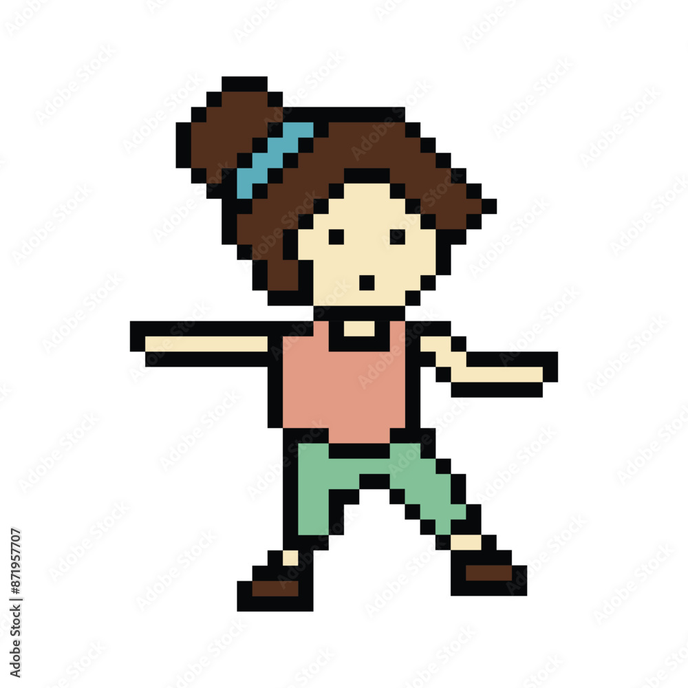 Fototapeta premium Cute pixel cartoon 8bit character woman exercises training dance lifestyle music decoration life style 8 bit female girl dance with music game fitness isolated PNG vector.