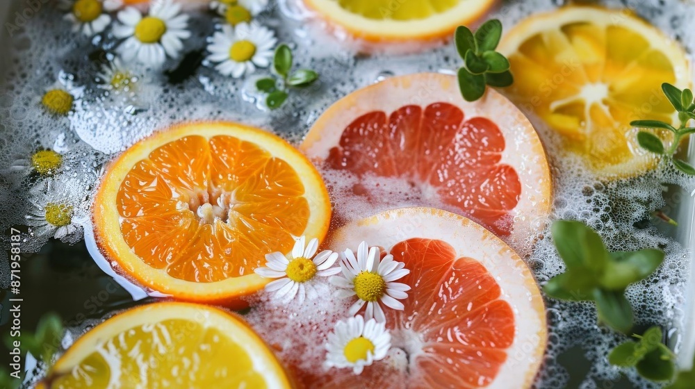 Refreshing citrus fruits and chamomile flowers floating in water, showcasing vibrant colors and natural beauty in a spa-like setting. Refreshing citrus fruits and chamomile flowers floating in water, showcasing vibrant colors and natural beauty in a spa-like setting.