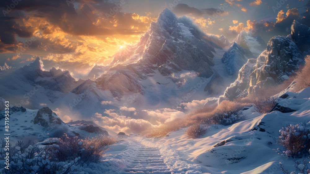 Naklejka premium Pathway leading through a snowy mountain pass, sunlight breaking through the clouds at the summit, early morning, peaks covered in a delicate glow.