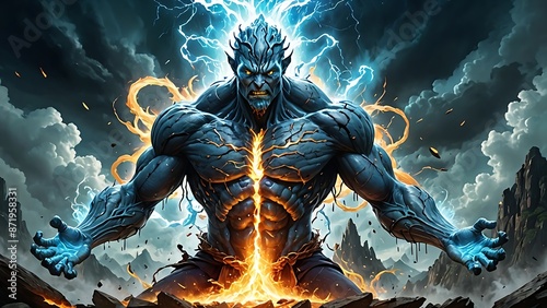 Powerful, angry, blue-skinned monster with glowing eyes, surrounded by fire and lightning.