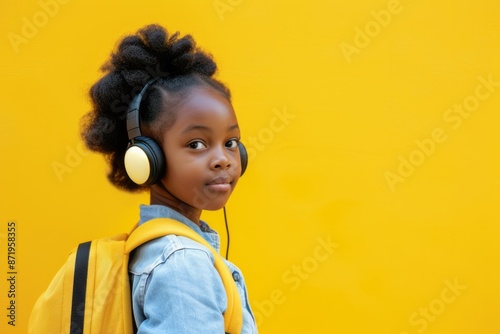 schoolboy, up, look, male, backpack, headphones, yellow, background, copyspace, copy, empty, space, lifestyle, teenager, boy, casual, school, guy, caucasian, happiness, cheerful, smile, happy, teen, p photo