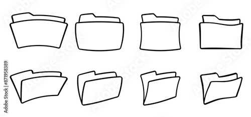 Cartoon, comic file management concept. Computer files directory, line pattern. Folders organised in a system of storage. Scheme made from empty maps. Folder with network. Computing map. Data storage.