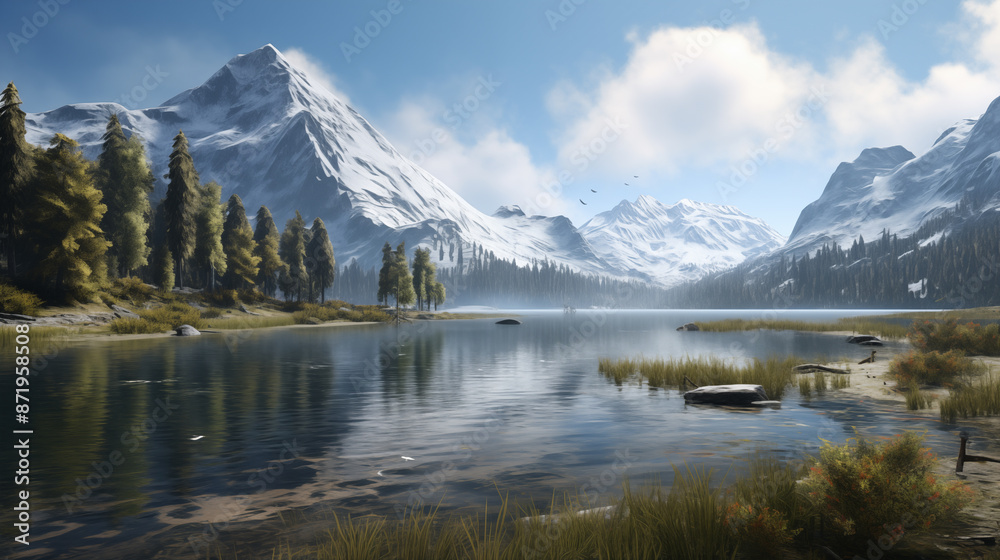 Naklejka premium Quiet snow-capped forested lakes, beautiful scenery, seclusion