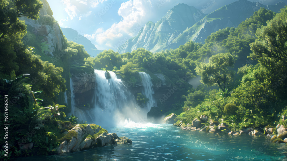Fototapeta premium A beautiful waterfall in the middle of a lush green forest, with blue water flowing down from high mountains