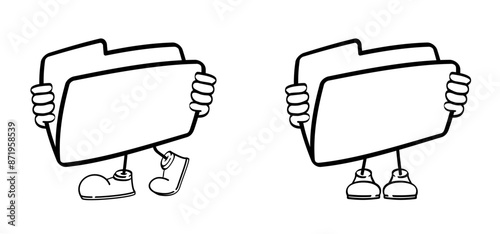 Cartoon, comic mascot file management concept. Computer files directory, line pattern. Folders organised in a system of storage. Folder with network. Computing map. Data storage.