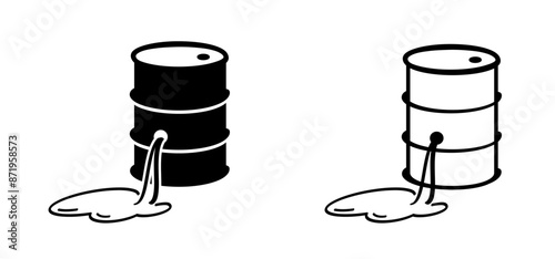 Broken oil barrel, and leakage. Leak, barrels fuel. Oil drum or petroleum drums logo. Milieu icon. Barrel leak. Barrel with labels. Oil stocks, industry concept. Spill oil.