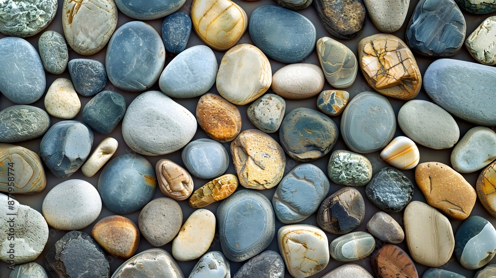 Pebbles in various sizes and shapes, arranged to create an abstract pattern. The stones have different textures from smooth rocks with rounded edges to rougher pieces that give the illusion of depth. Pebbles in various sizes and shapes, arranged to create an abstract pattern. The stones have different textures from smooth rocks with rounded edges to rougher pieces that give the illusion of depth.