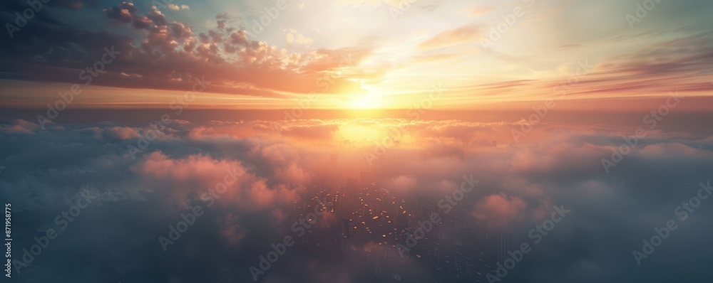 Fototapeta premium Breathtaking sunrise above the clouds with beautiful colors and serene sky, showcasing nature's wonder and beauty.