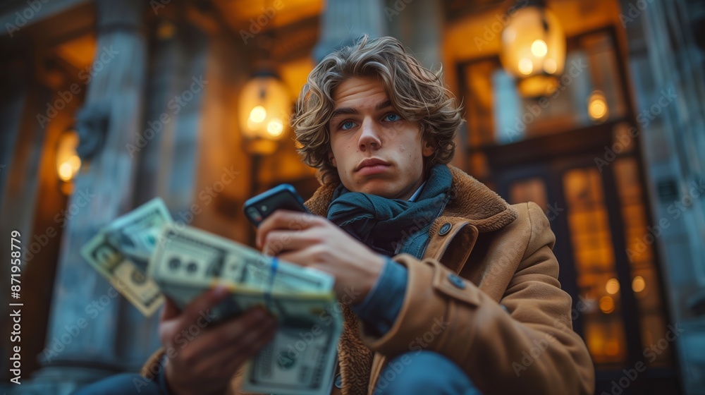 Young Man Counting Cash While Using Smartphone in City Young Man Counting Cash While Using Smartphone in City