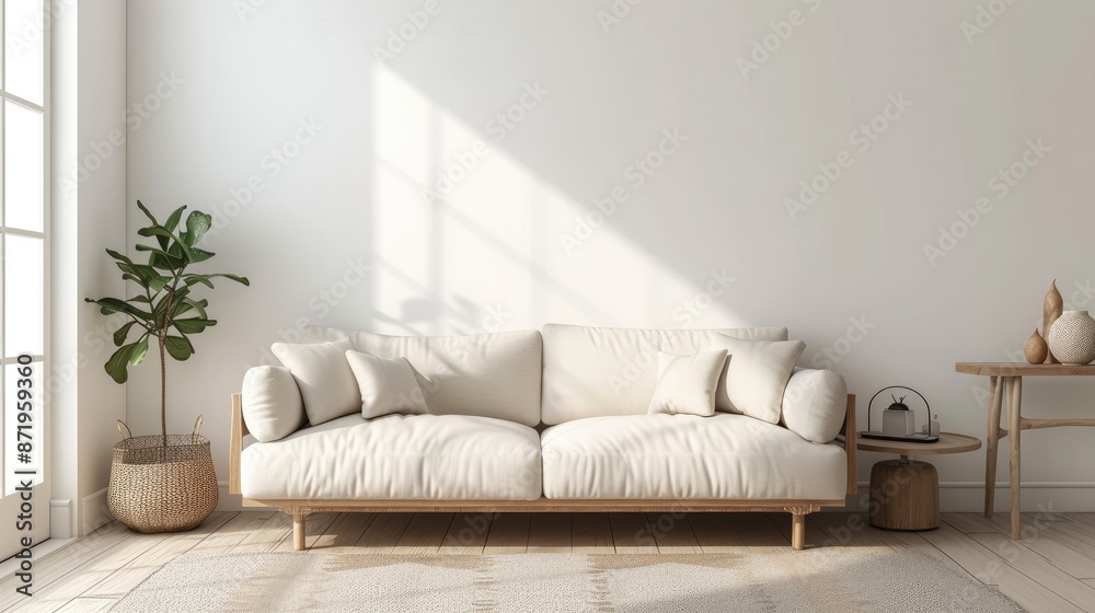 Bright living room with a soft cozy sofa near a wooden side table and houseplant in a wicker basket in natural sunlight from windows Bright living room with a soft cozy sofa near a wooden side table and houseplant in a wicker basket in natural sunlight from windows