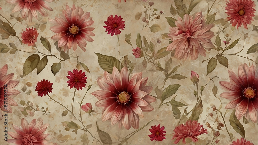 The image displays a collection of flowers and foliage arranged on a textured background.3 The image displays a collection of flowers and foliage arranged on a textured background.3