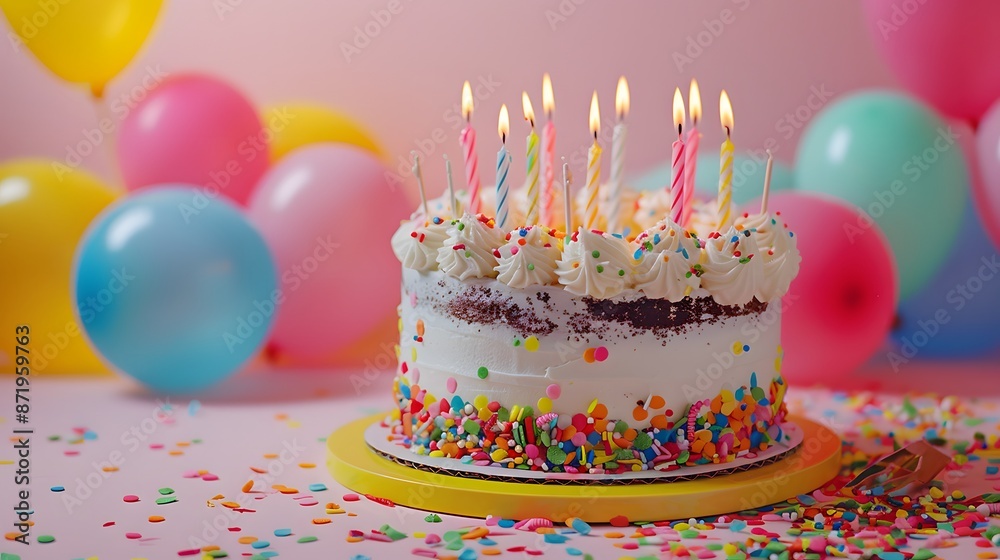 A birthday cake with candles on it, surrounded by balloons and confetti on a pastel pink background, intended for use as a stock photo on an online shop's website banner. A birthday cake with candles on it, surrounded by balloons and confetti on a pastel pink background, intended for use as a stock photo on an online shop's website banner.