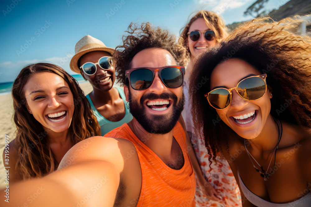 Selfie of a group of 30 year old multiethnic friends at the beach. Generative Ai. Selfie of a group of 30 year old multiethnic friends at the beach. Generative Ai.