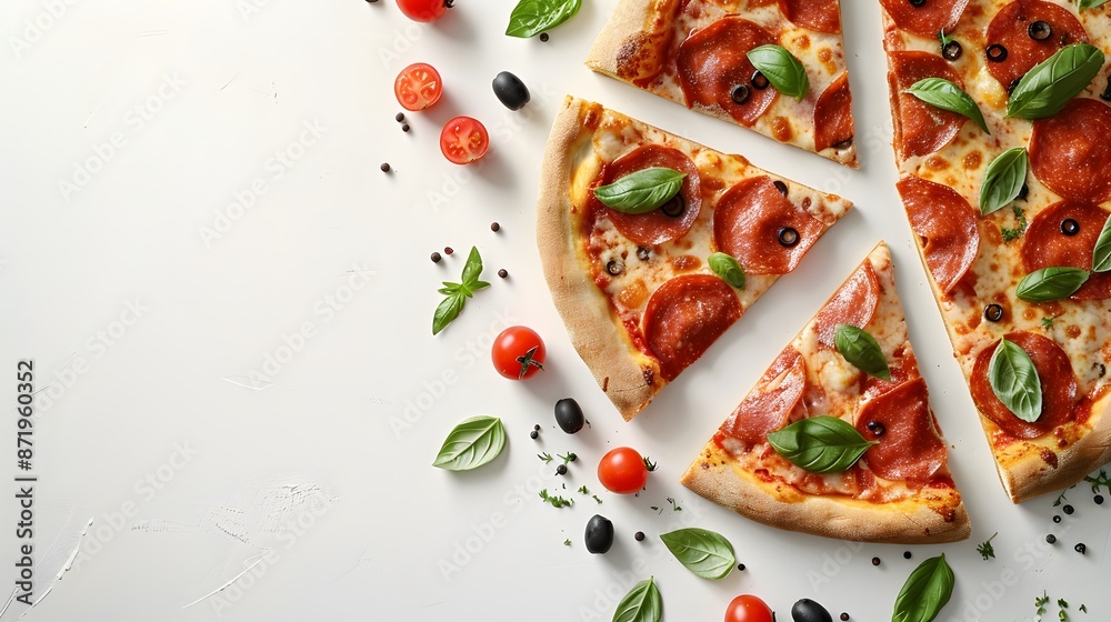 A pizza with pepperoni and basil on a white background, presented in a flat lay style. On the right side is an empty space for text or logo. A pizza with pepperoni and basil on a white background, presented in a flat lay style. On the right side is an empty space for text or logo.