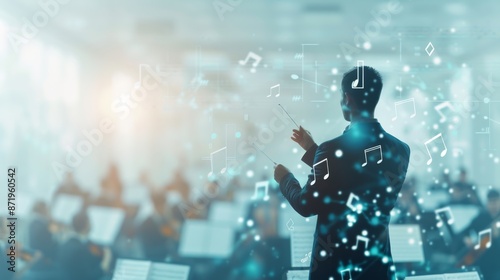 Silhouette of a conductor orchestrating a symphony with blurred musicians in the background and musical notes floating around.