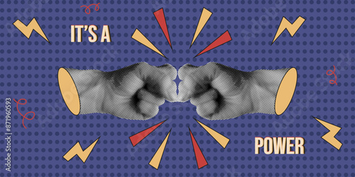 Trendy Halftone Collage with fist and Doodle flat element. It is a power concept. Box promotion design in modern Collage style. 3D vector illustration can used web and social media. EPS 10