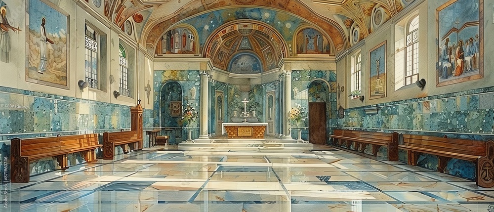 Fototapeta premium Produce a colored pencil drawing of a blessed sanctuary with ample copy space