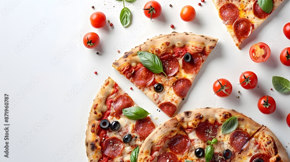 A pizza with pepperoni and basil on a white background, presented in a flat lay style. On the right side is an empty space for text or logo. A pizza with pepperoni and basil on a white background, presented in a flat lay style. On the right side is an empty space for text or logo.