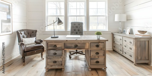 Rustic farmhouse office with shiplap walls and vintage decor interior design. Concept Farmhouse Decor, Shiplap Walls, Vintage Style, Rustic Office, Interior Design photo