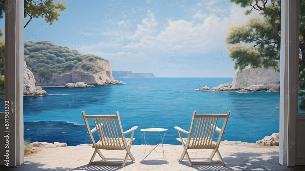 A tranquil beach scene with chairs and umbrellas set up on the sand under a bright summer sky