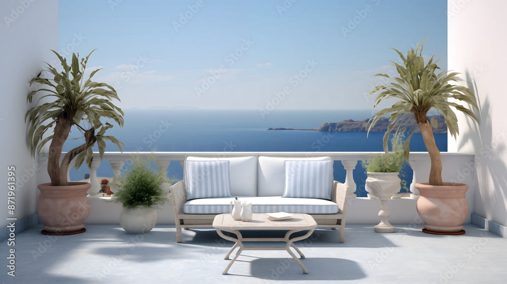 Fototapeta premium The image shows a tropical resort with a sandy beach and clear blue sea, featuring chairs and tables on a balcony overlooking the ocean on a sunny summer day