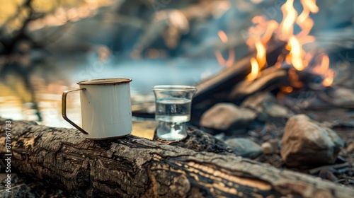 A glass of water sits on an old log next to the campfire. With antique and vintage decorations.