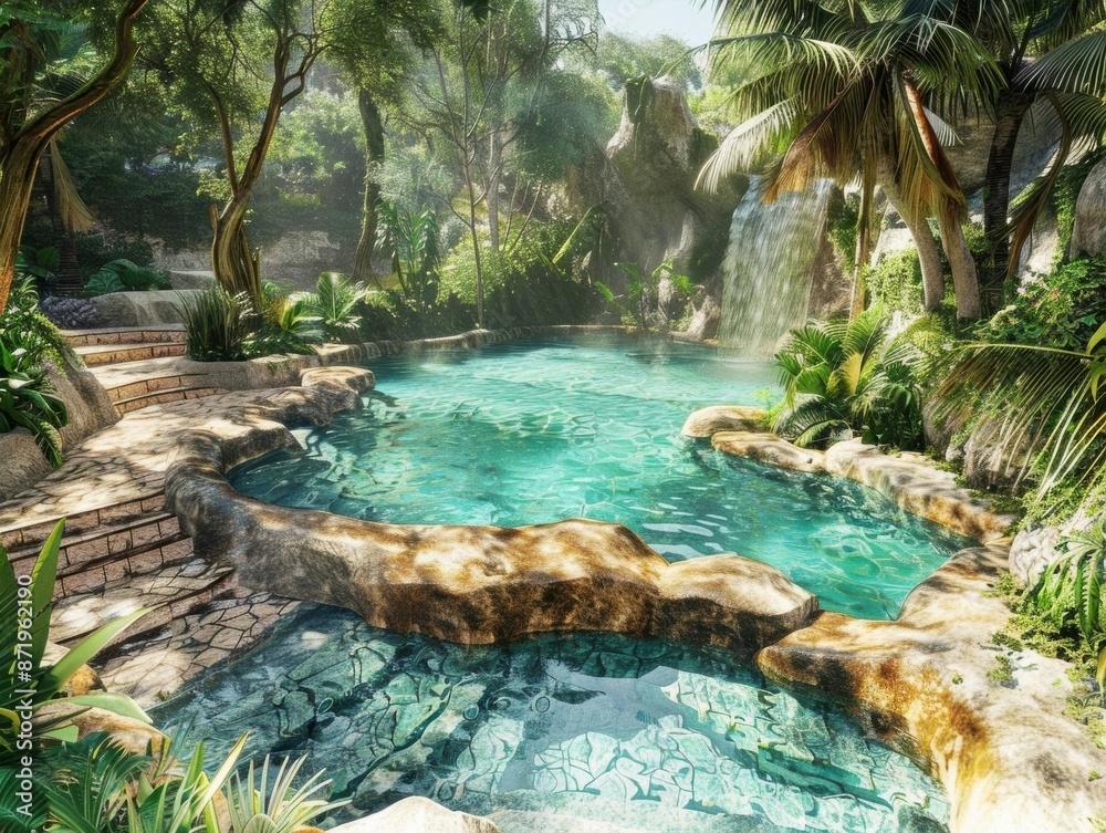 Naklejka premium Serene Springtime along the Riverbank. Lush plants and flowing water.