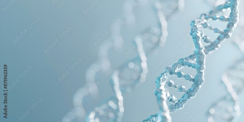 DNA strands float against blue background in genetics research setting. Concept Genetics Research, DNA Strands, Blue Background, Scientific Setting DNA strands float against blue background in genetics research setting. Concept Genetics Research, DNA Strands, Blue Background, Scientific Setting