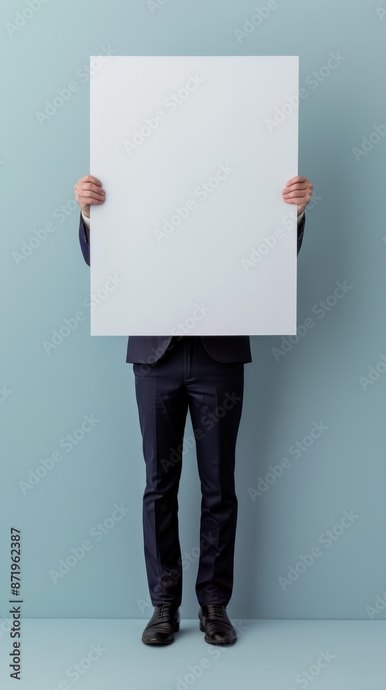 A man is holding a white sign in front of a blue wall A man is holding a white sign in front of a blue wall
