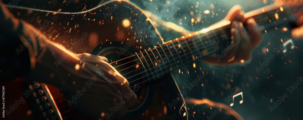 Close-up of hands playing an acoustic guitar surrounded by magical light particles, featuring an atmospheric and musical ambiance.
